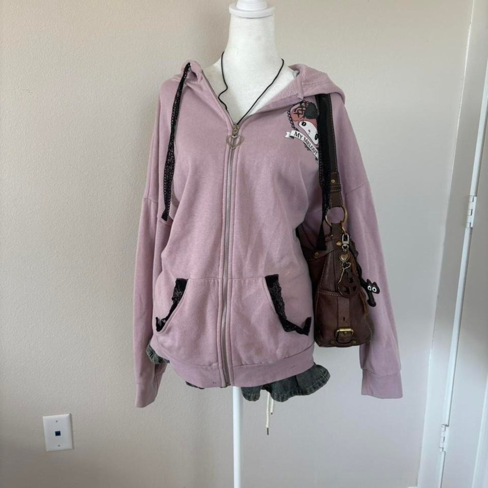 Pink My Melody zip-up hoodie with lace trim + bunny ears • * - Picture 4 of 6